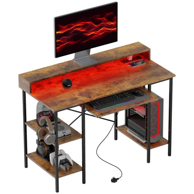 HOMCOM Gaming Desk with Monitor Stand and Sliding Keyboard Tray Rustic Brown, Brown 920-093V70RB