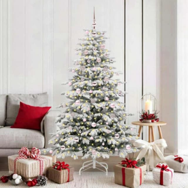 vidaXL Artificial Hinged Christmas Tree with Pink Balls White 180cm PE and PVC, White 3395642