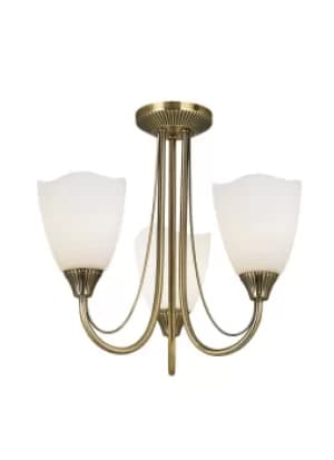 Haughton 3 Light Semi Flush Multi Arm Ceiling Light Antique Brass, Opal Glass, E14
