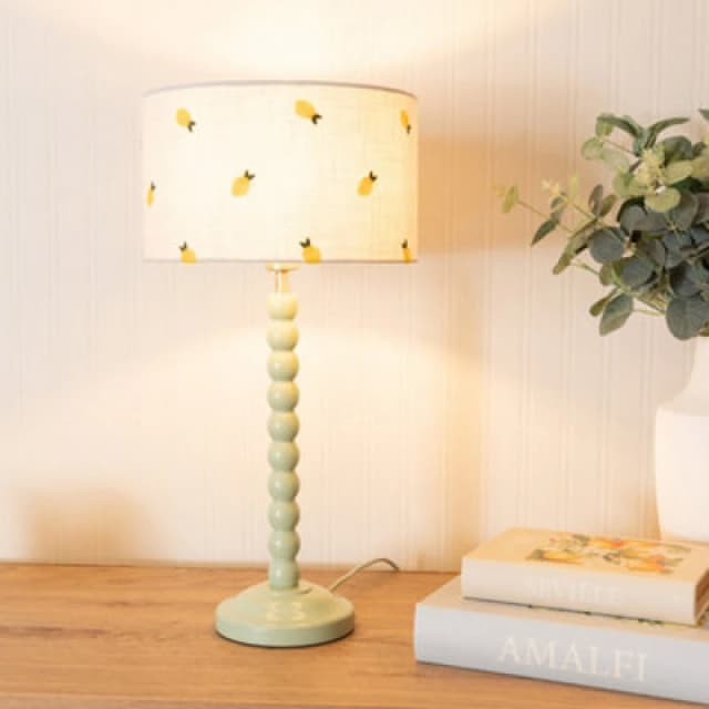 ValueLights Bobbins Sage Green Table Lamp with Lemon Embroidered Drum Lamp Shade Pale Green