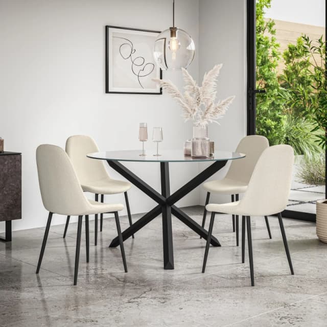 More4Homes Malvern Round Dining Table And Chairs - Clear Glass Table Top W Solid Oak Black Legs + 4 Maya Boucle Dining Chairs (Ivory White)