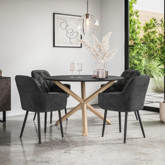 More4Homes Malvern Round Dining Table And Chairs - Black Table Top W Solid Oak Legs + Anika Velvet Dining Chair Set Of 4 (Black)
