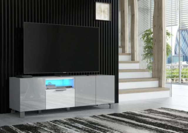 Furneo 150Cm TV Stand Grey White High Gloss Matt Unit Cabinet Blue LED Lights Enzo 14