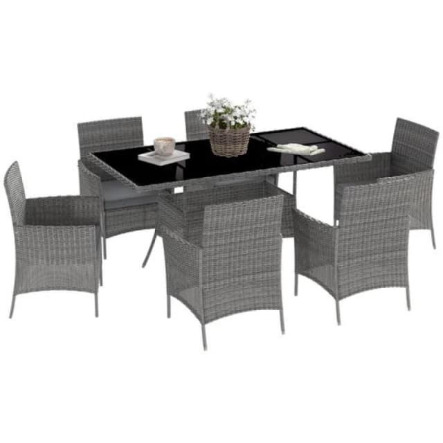 Outsunny Rattan Dining Set for 6 with Cushions, Glass Top Table Dark Grey
