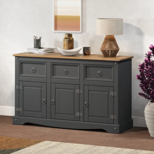 Mercers Furniture Corona Charcoal 3 Door 3 Drawer Sideboard Solid Pine With Mexican Styling, Grey CHARC100