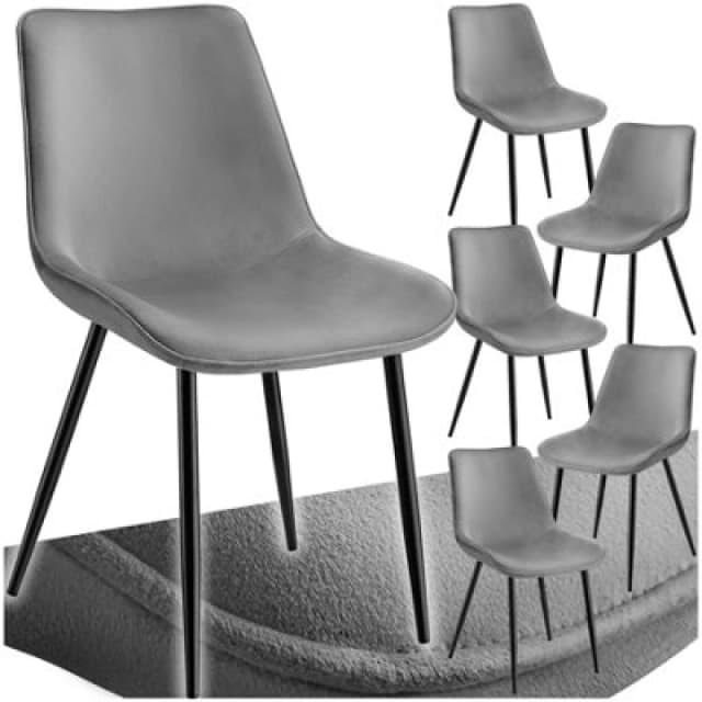 Tectake Set Of 6 Dining Chair Monroe - Padded, Velvet Look, Ergonomic Seat, Black Steel Legs - Grey