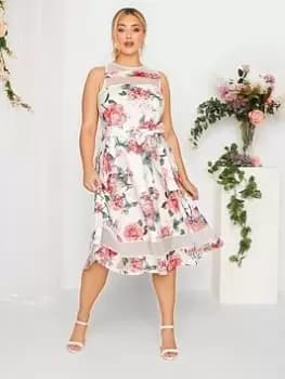 Yours Floral Mesh Panel Skater, White, Size 18, Women