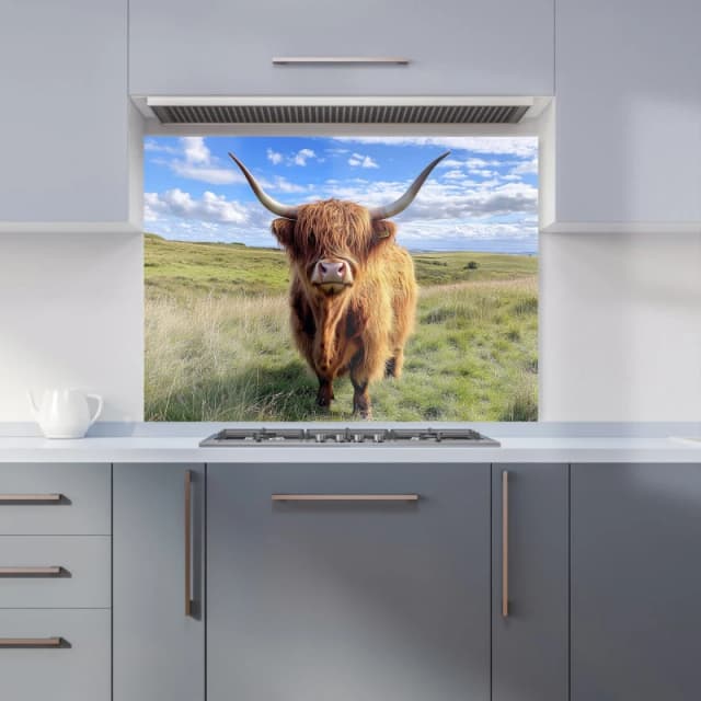 Warren Reed - Designer Highland Cow In Summer Kitchen Splashback Size: 900mm x 650mm Multicolor Unisex 900mm x 650mm