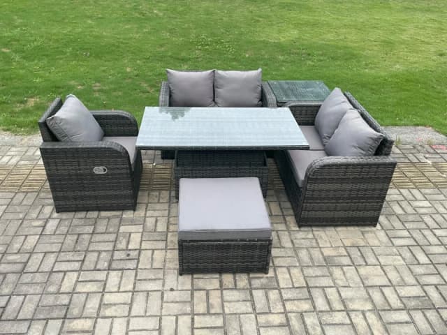 Fimous Wicker PE Rattan Furniture Garden Dining Set With Reclining Chair Side Tables Big Footstool Dark Grey