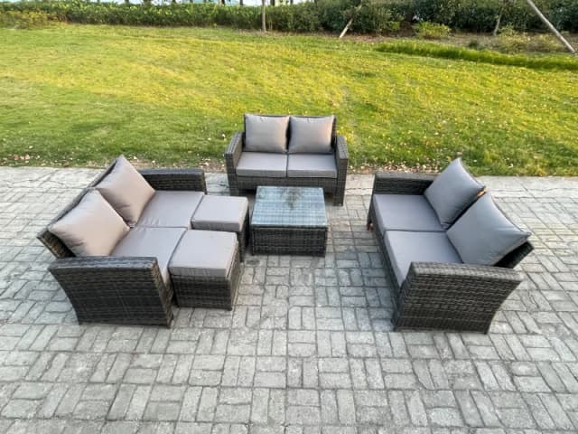 Fimous Outdoor Lounge Sofa Set Wicker PE Rattan Garden Furniture Set with Square Coffee Table Double Seat Sofa in Dark Grey Dark Grey Unisex