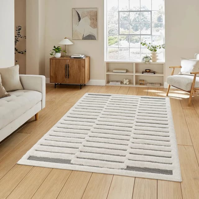 Freya Living Room Area Rug Contemporary 3D Embossed Modern Stripe Bar Design - Cream 200Cm X 290Cm