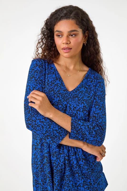 Roman Abstract Print Pleat Front Tunic Top Royal