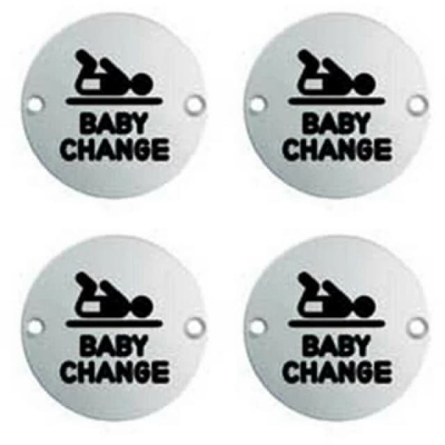 Loops 4x Bathroom Door Baby Change Sign 64mm Fixing Centres 76mm Dia Satin Steel Metallics