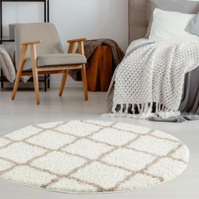 THE RUGS Soft Moroccan Shaggy Rugs & Runners Ivory & Beige Living Room Size: 120cm diameter Beige Unisex 120cm diameter
