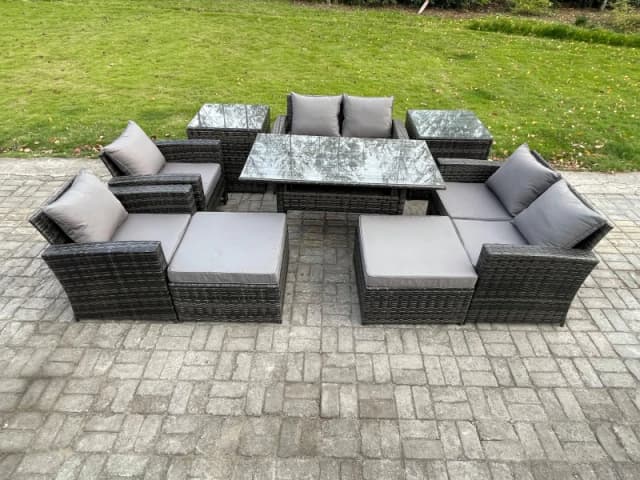 Fimous Garden Furniture Sets 9 Pieces Rattan Furniture Handmade Wicker Patio Sofa Set with 2 Big Footstool 2 Side Tables Dark Grey Mixed Dark Grey Uni