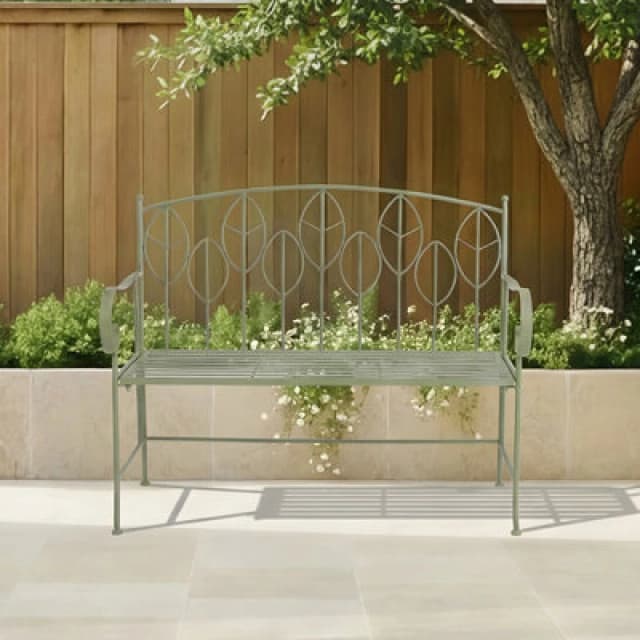 Charles Bentley Sage Green Leaf Design Rustic Metal Garden Bench