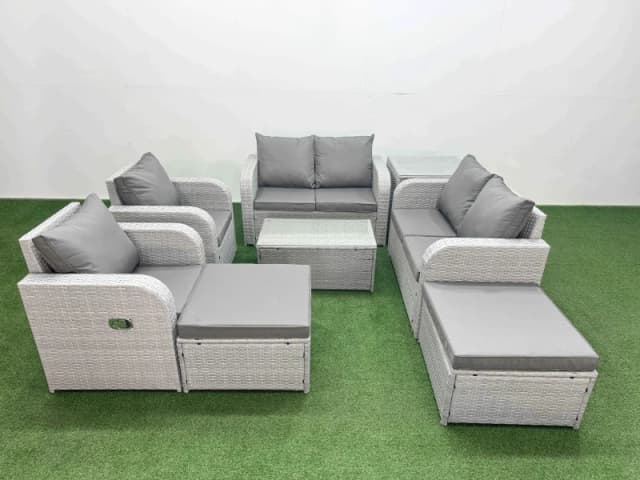 Fimous 8 Seater Outdoor Reclining Chair Love Sofa Set Rattan Garden Furniture Set with Rectangular Coffee Table 2 Big FootStools Side Table Light Gre