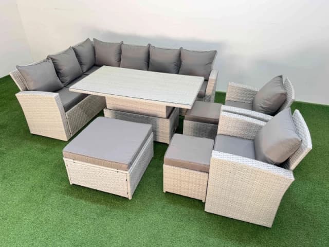 Fimous 11 Seat Garden Furniture Corner Sofa with 3 Footstools Light Grey Light Grey Unisex
