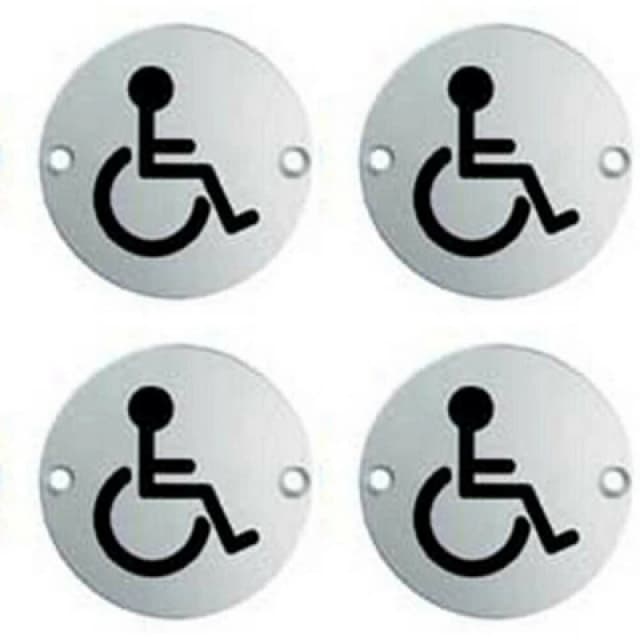 Loops 4x Bathroom Door Disabled Symbol Sign 64mm Fixing Centres 76mm Dia Steel Metallics