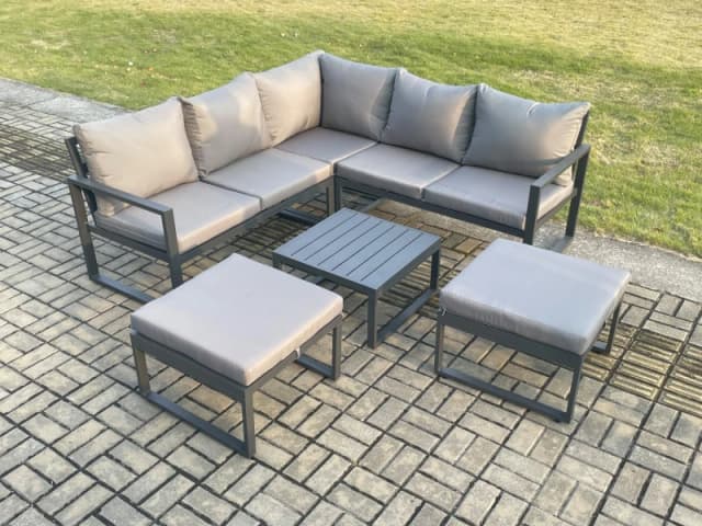 Fimous Outdoor Garden Furniture Set Aluminium Lounge Sofa Square Coffee Table Sets with 2 Big Footstool Dark Grey Dark Grey Unisex