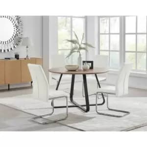 Furniture Box Santorini Brown Wood Contemporary Round Dining Table and 4 White Lorenzo Chairs Set