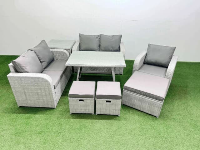 Fimous 8 Seater Rattan Garden Furniture Set Love Sofa Reclining Chair Sets in Light Grey Light Grey Unisex