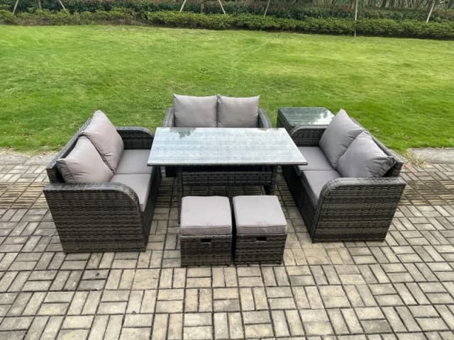 Fimous 8 Seater Outdoor Rattan Garden Furniture Set with Patio Rectangular Dining Table Love Sofa Side Table 2 Small Footstools Dark Grey Mixed Dark G