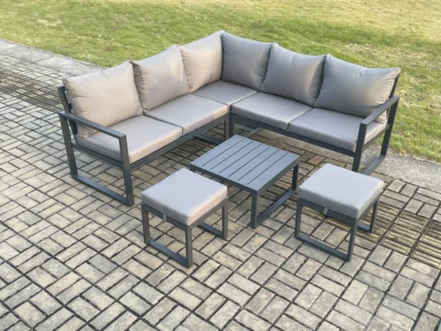 Fimous Outdoor Garden Furniture Set Aluminium Lounge Sofa Square Coffee Table Sets with 2 Small Footstools in Dark Grey Dark Grey Unisex