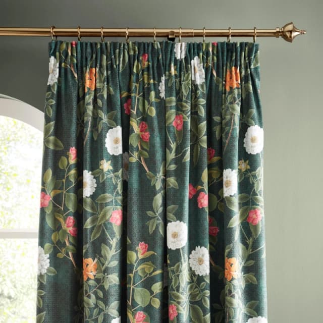 RHS 'Arcadia Floral' Soft Touch Recycled Polyester Velour Pencil Pleat Curtains Green