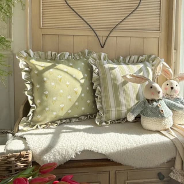 rucomfy Beanbags Rucomfy Linen Look 45X45Cm Cushion - Olive Green Frilled Ditsy Stripe Design