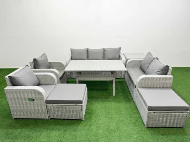 Fimous PE Rattan Garden Furniture Set Reclining Chair Sofa Double Love Seat 2 Seater Sofa Lounge Set Rectangular Dining Table 2 Big Footstool Side Tab