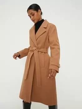 Dorothy Perkins Longline Belted Coat - Camel, Beige, Size L, Women