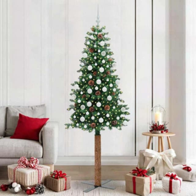 vidaXL Slim Christmas Tree with White Balls Green 210cm PVC and Solid Pine wood, Green 3394880