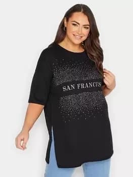 Yours Embellished Slogan T-Shirt - Black, Size 18, Women