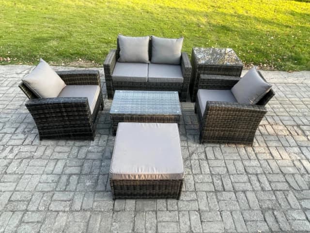 Fimous Outdoor Lounge Sofa Set Wicker Rattan Garden Furniture Set with Coffee Table Double Seat Sofa in Dark Grey Dark Grey Unisex