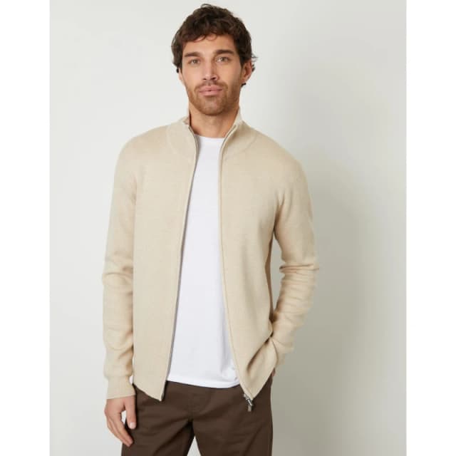 Threadbare Threadbare Men 'Wynnstay' Zip-Through Funnel Neck Knitted Cardigan in Light Beige Size: large Light Beige L Male 7625914450616