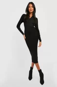 Rib Knitted Polo Collared Midi Dress