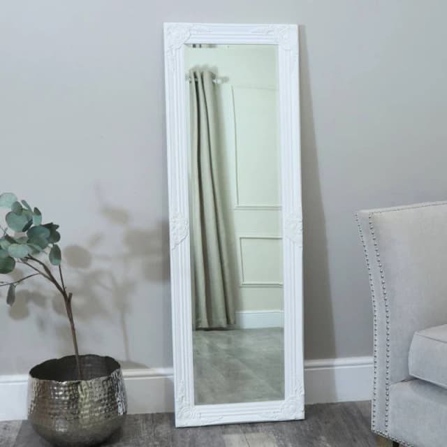 Melody Maison Tall / Long White Ornate Wall / Leaner Mirror 47cm X 142cm White