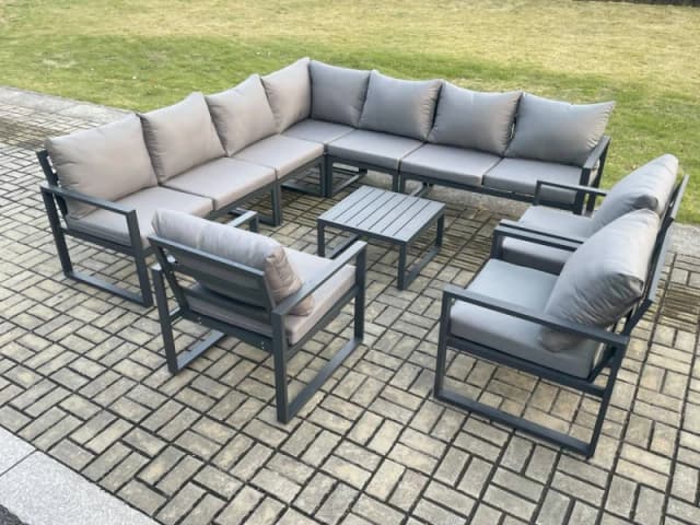 Fimous Outdoor Garden Furniture Patio Lounge Corner Sofa Aluminium Set with Square Coffee Table 3 Pcs Arm Chairs Dark Grey Dark Grey Unisex