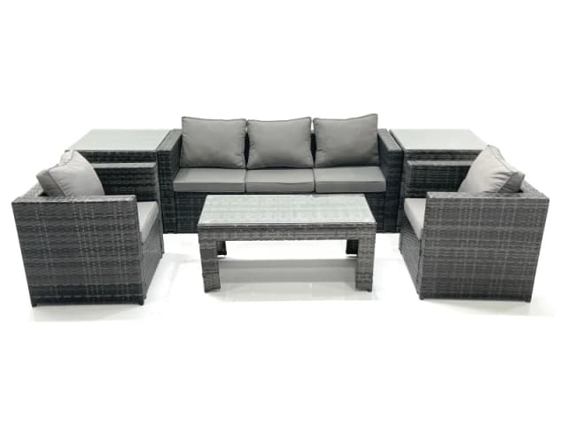 Fimous Rattan Garden Furniture Set Outdoor Lounger Sofa with Coffee Table 2 Armchair 2 Side Tables Dark Grey Mixed Dark Grey