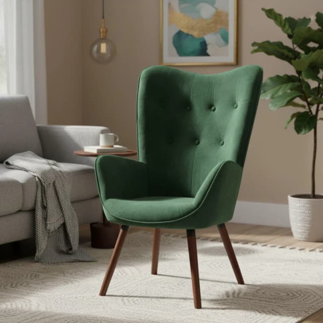 Jack Wills Velvet Accent Chair with Arms Green Wingback Armchair with Button Tufted Backrest and Wood Legs Green Velvet unisex One Size