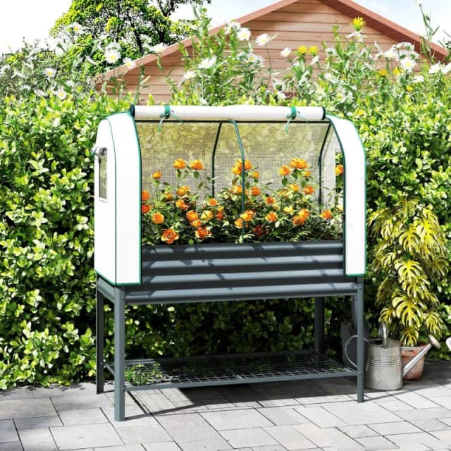 OUTSUNNY Galvanised Raised Planter with Greenhouse Cover & Bottom Shelf in Dark Grey Dark Grey Unisex