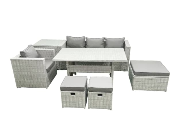 Fimous Rattan Garden Furniture Dining Set 7 Seater Lounge Sofa Chair Dining Table Set with 3 Footstools Side Table Light Grey Mixed Light Grey