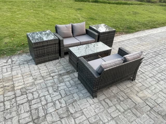 Fimous High Back Rattan Garden Furniture Sofa Sets with Rectangular Coffee Table 2 Side Tables Dark Grey Mixed Dark Grey Unisex