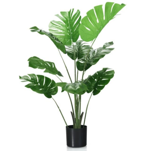 Costway 120Cm Artificial Monstera Deliciosa Tree Faux Tree W/ 10 Leaves & Cement Pot