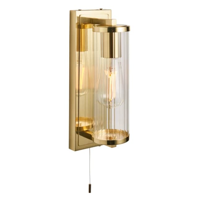 Loops Satin Brass Bathroom Wall Light & Ribbed Cylinder Glass Shade IP44 Rated Fitting Clear