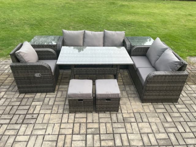 Fimous 8 Seater Garden Rattan Furniture Dining Table Sofa Set Indoor Outdoor with Reclining Chairs 2 Side Tables 2 Small Footstools Dark Grey Mixed Da