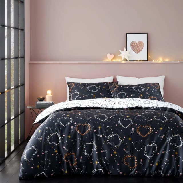 Catherine Lansfield 'Cosmic Hearts and Stars' Reversible Duvet Cover Set Black