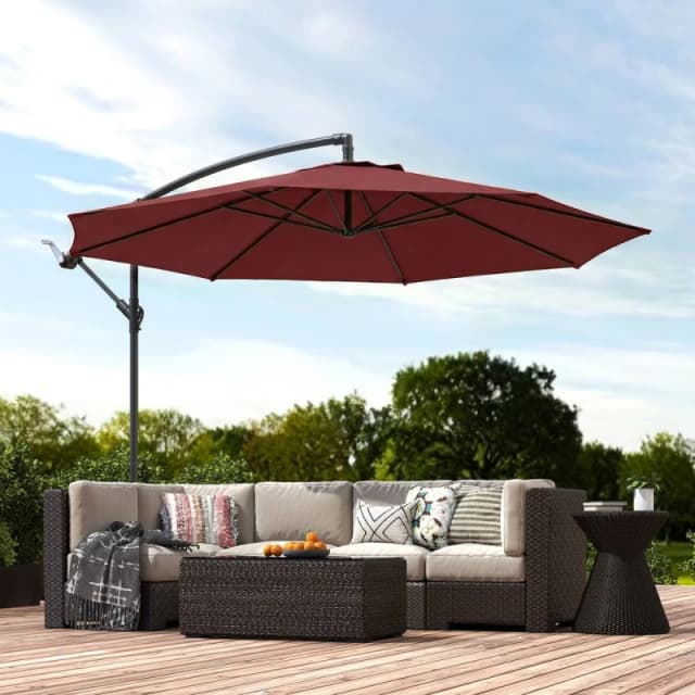 OUTSUNNY 3(m) Garden Banana Parasol Cantilever Umbrella w/ Base, Wine Red Size: 3m x 3m Red Unisex 3m x 3m