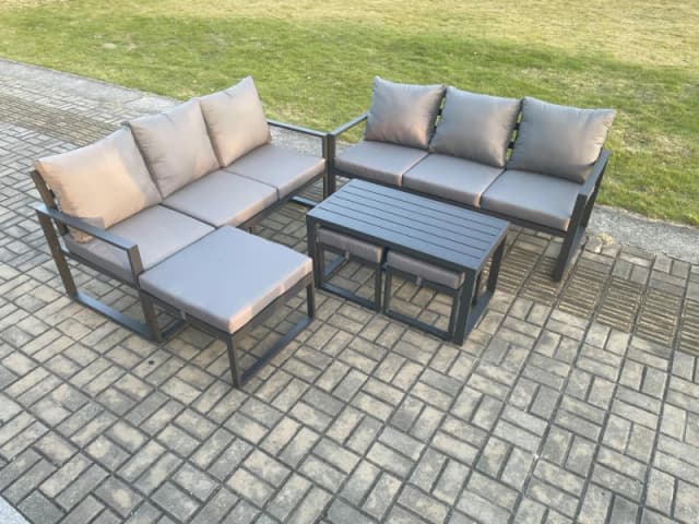 Fimous Aluminium Patio Outdoor Garden Furniture Lounge Sofa Set with Oblong Coffee Table 3 Footstools Dark Grey Dark Grey Unisex